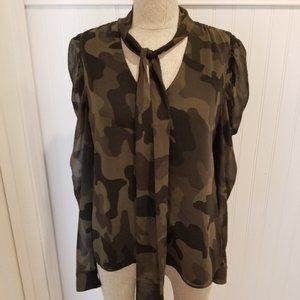 COPY - WHBM Camouflage Puff-Sleeve Tie Neck Blouse Size XS